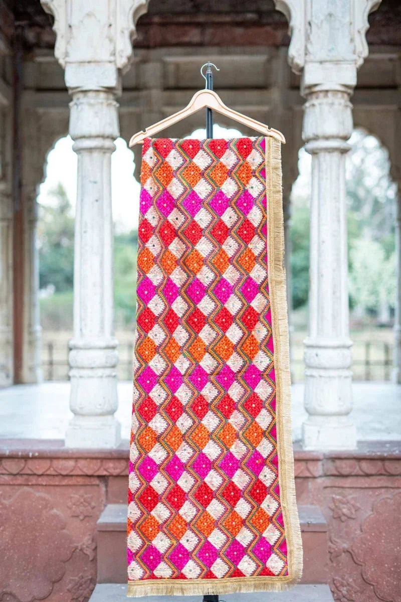 Zig Zag Multicolored Phulkari Dupatta With Four Side Golden Lace & Mirror Work By The Amritsar Store - The Amritsar Store