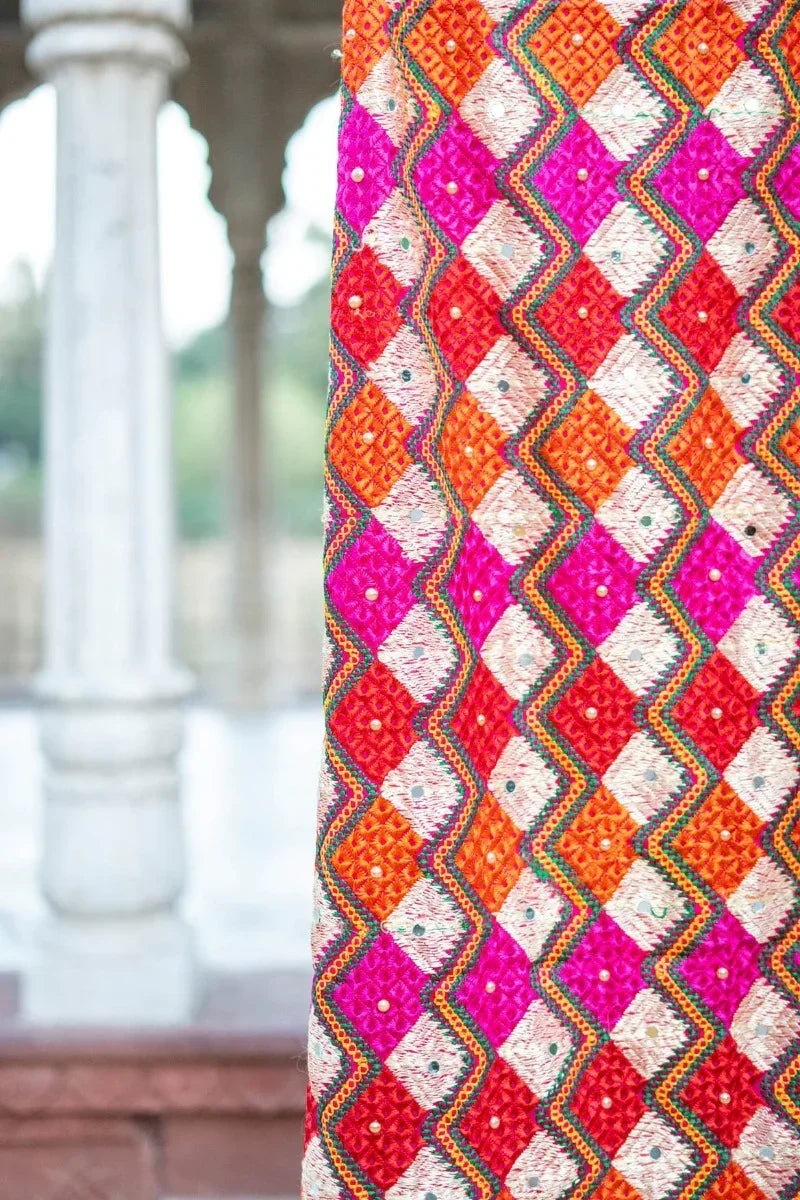 Zig Zag Multicolored Phulkari Dupatta With Four Side Golden Lace & Mirror Work By The Amritsar Store - The Amritsar Store