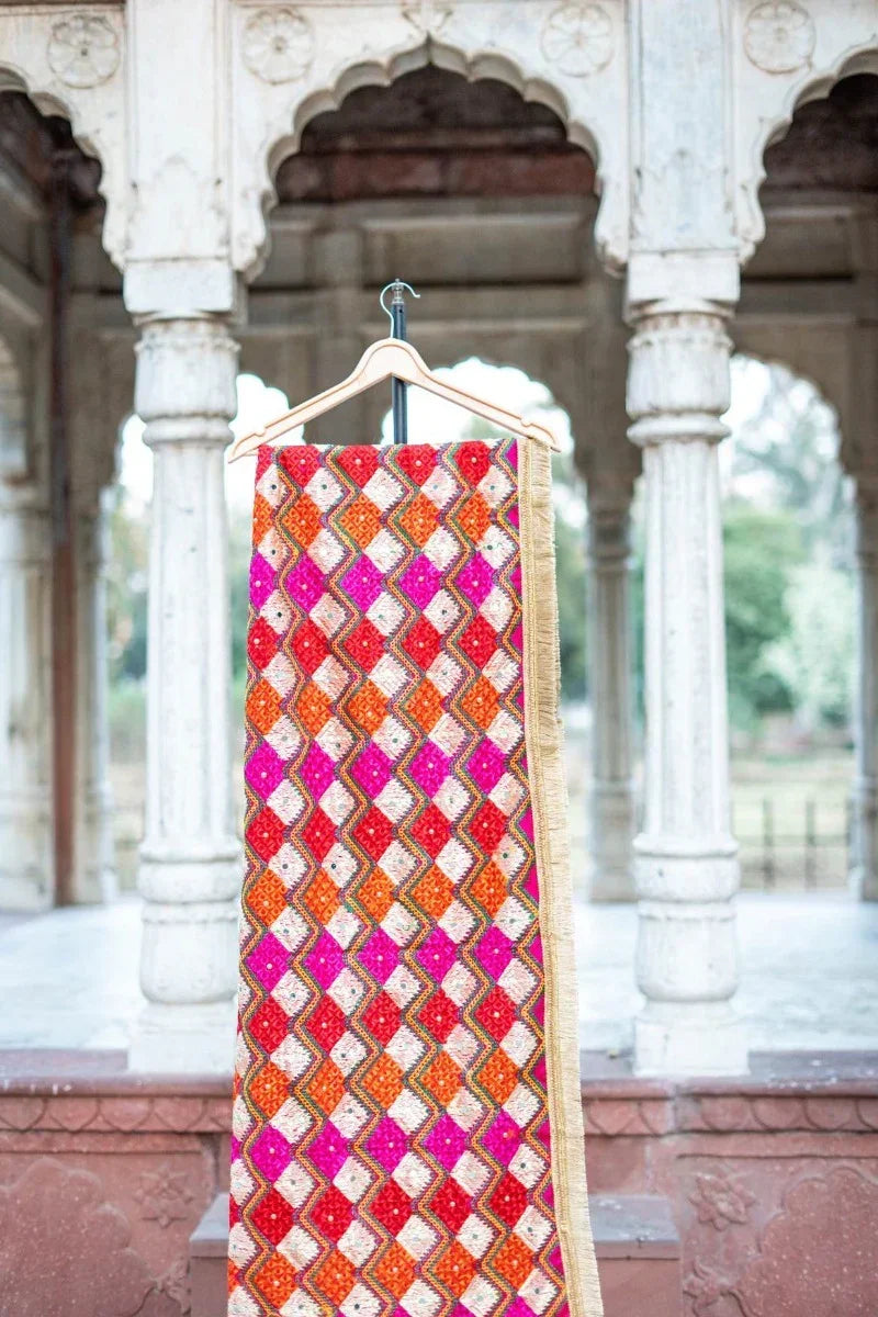 Zig Zag Multicolored Phulkari Dupatta With Four Side Golden Lace & Mirror Work By The Amritsar Store - The Amritsar Store