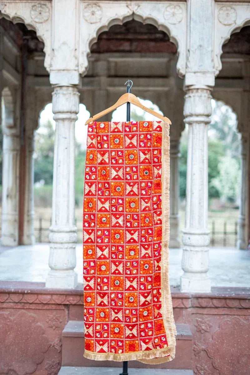 Red Phulkari Dupatta With Four Side Golden Lace & Mirror Work By The Amritsar Store - The Amritsar Store