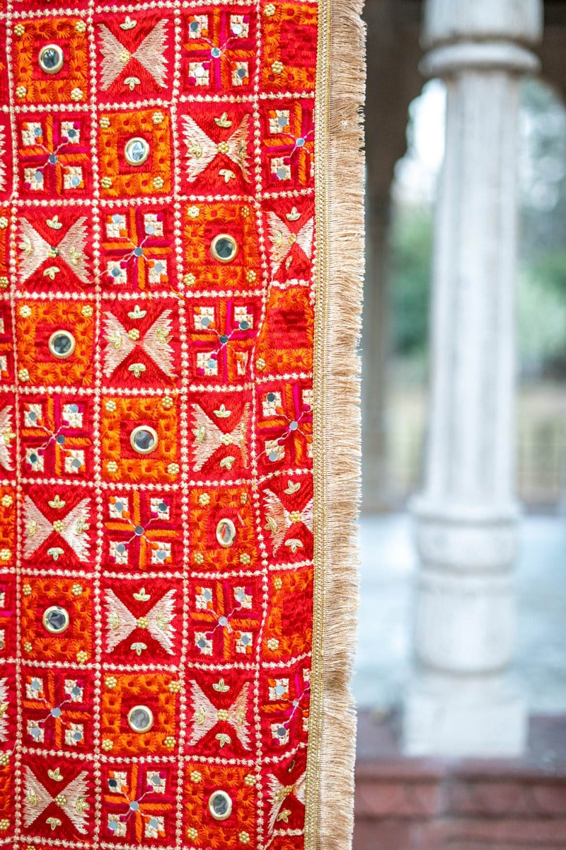 Red Phulkari Dupatta With Four Side Golden Lace & Mirror Work By The Amritsar Store - The Amritsar Store