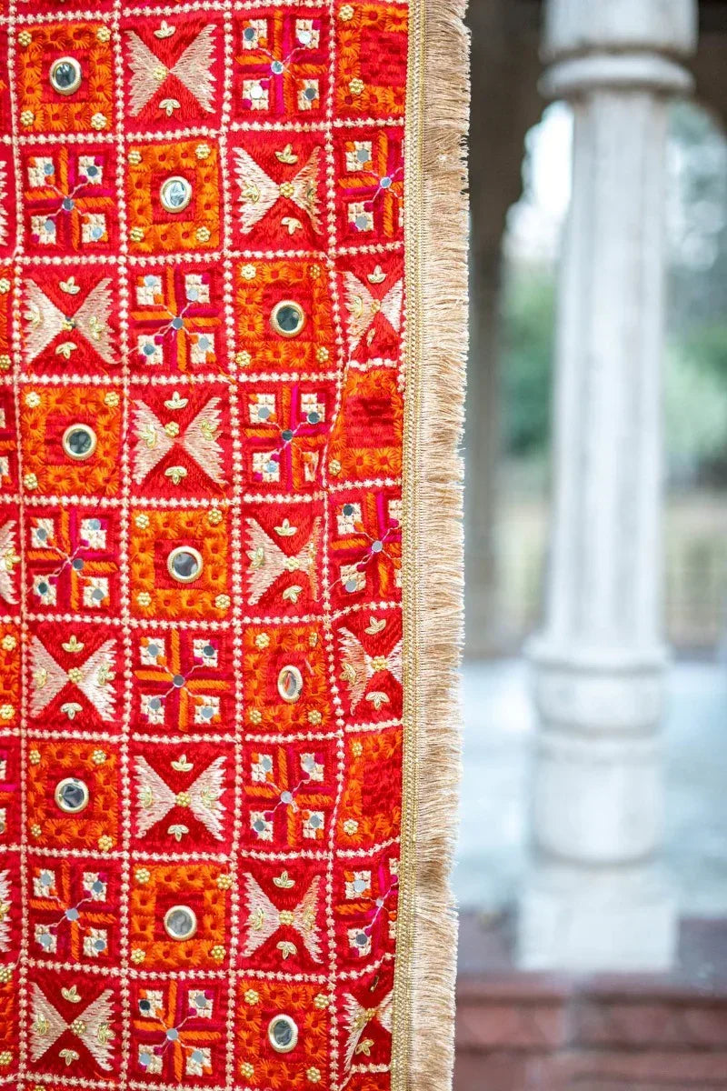 Red Phulkari Dupatta With Four Side Golden Lace & Mirror Work By The Amritsar Store - The Amritsar Store