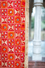 Red Phulkari Dupatta With Four Side Golden Lace & Mirror Work By The Amritsar Store - The Amritsar Store