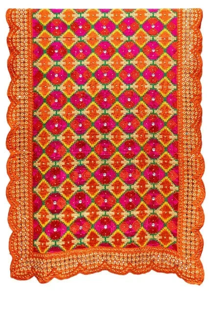 Phulkari Dupatta in Orange Color with Punjabi Traditional Hand Embroidery Cut Work & Stone Work 2.25 Mtr x 0.95 Mtr - The Amritsar Store