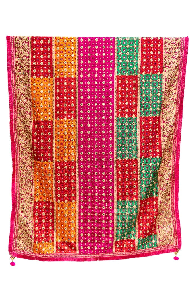 Phulkari Dupatta For Wedding Amritsar Handmade Embroidery Traditional Colorful Dupatta With Tassels Mangeta Color 2.15 Mtr x 1.00 Mtr - The Amritsar Store