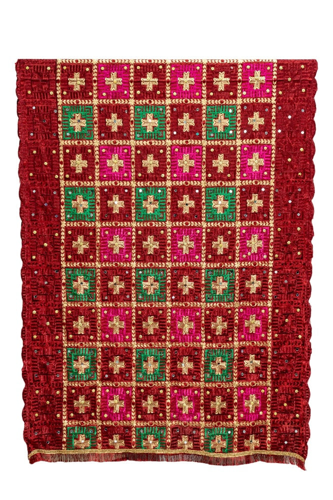 Phulkari Dupatta Luxurious Maroon With Elegant Handmade Embroidery & Cut Work For Wedding 2.35 Mtr 0.95 Mtr - The Amritsar Store