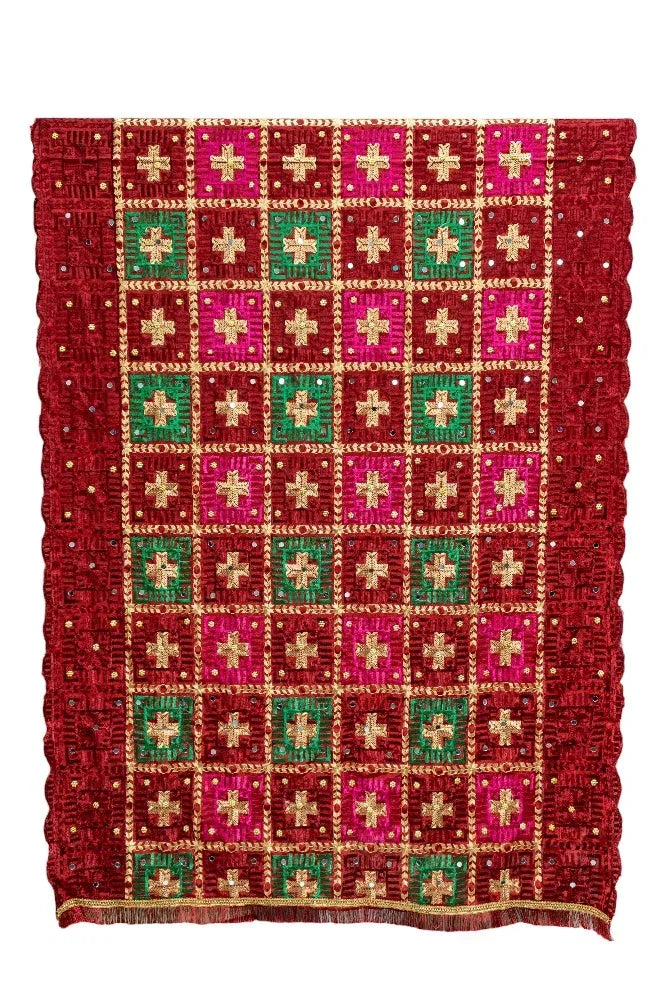 Phulkari Dupatta Luxurious Maroon With Elegant Handmade Embroidery & Cut Work For Wedding 2.35 Mtr 0.95 Mtr - The Amritsar Store