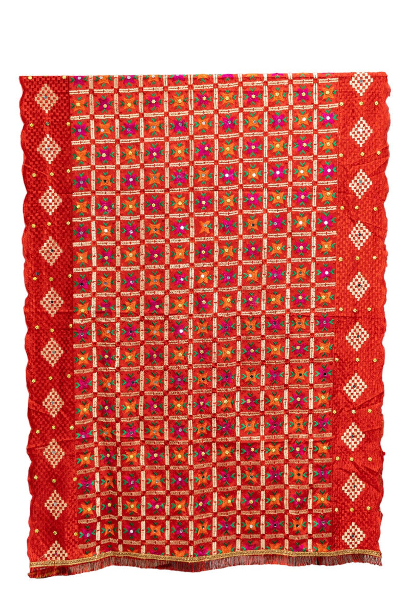 Phulkari Dupatta in Vibrant Red with Beautiful Hand Embroidery For Wedding With Cut Work 2.35 Mtr x 0.90 Mtr - The Amritsar Store