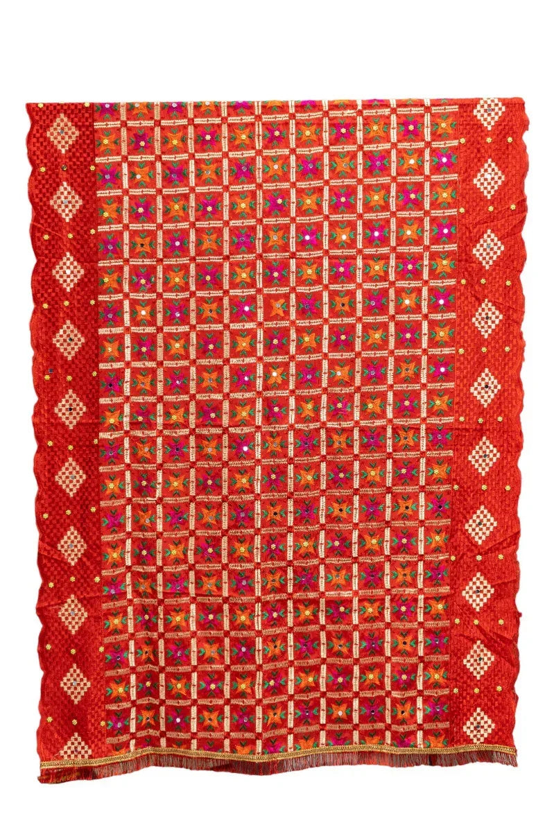 Phulkari Dupatta in Vibrant Red with Beautiful Hand Embroidery For Wedding With Cut Work 2.35 Mtr x 0.90 Mtr - The Amritsar Store