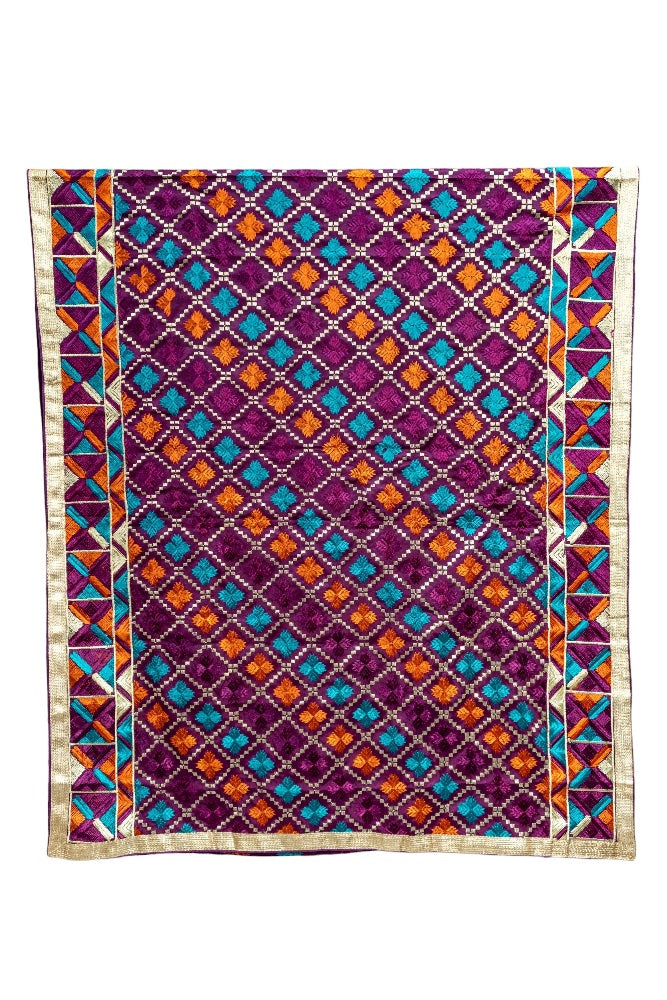 Phulkari Dupatta in Wine Colored With Traditional Multicolor Hand Embroidery With Four Side Gotta 2.25 Mtr x 0.98 Mtr - The Amritsar Store