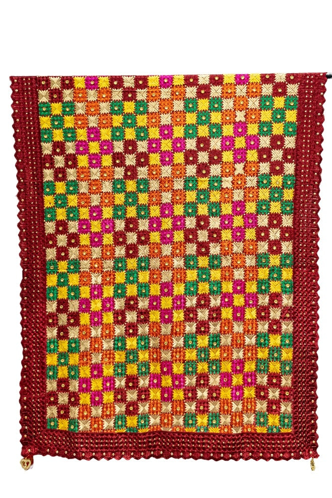 Phulkari Dupatta in Gorgeous Maroon With Multicolour Authentic Hand Embroidery With Tassels & Cut Work 2.25 Mtr x 0.92 Mtr - The Amritsar Store