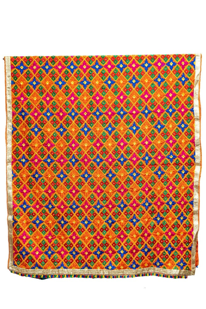 Phulkari Dupatta Handmade Orange Colour with Exquisite Heavy Embroidery Design For Wedding With Gotta 2.20 Mtr x 0.97 Mtr - The Amritsar Store