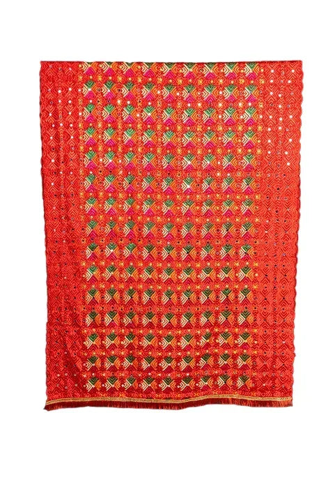 Alluring Handmade Mirror Work Full Jaal Red Phulkari Dupatta Size 2.30 Mtr x 0.95 Mtr By The Amritsar Store - The Amritsar Store