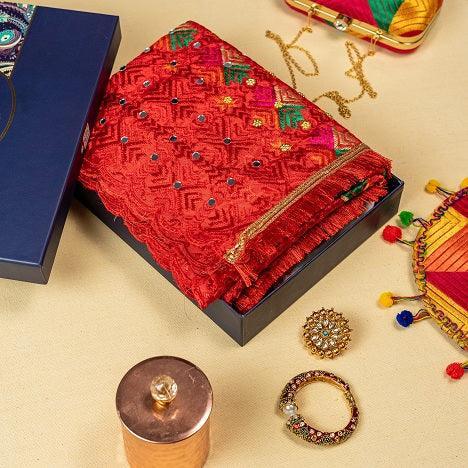 Alluring Handmade Mirror Work Full Jaal Red Phulkari Dupatta Size 2.30 Mtr x 0.95 Mtr By The Amritsar Store - The Amritsar Store