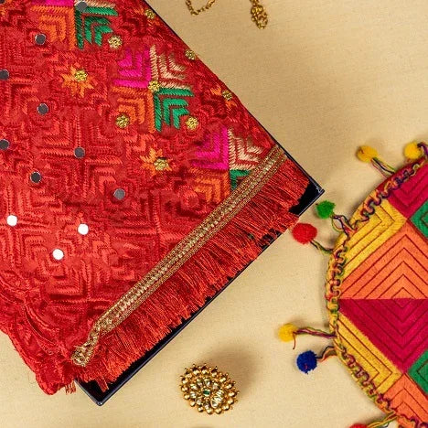 Alluring Handmade Mirror Work Full Jaal Red Phulkari Dupatta Size 2.30 Mtr x 0.95 Mtr By The Amritsar Store - The Amritsar Store