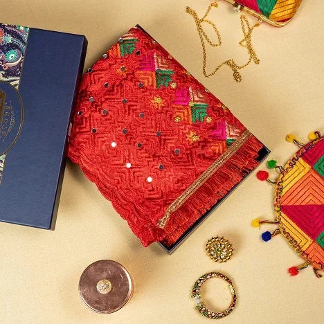 Alluring Handmade Mirror Work Full Jaal Red Phulkari Dupatta Size 2.30 Mtr x 0.95 Mtr By The Amritsar Store - The Amritsar Store