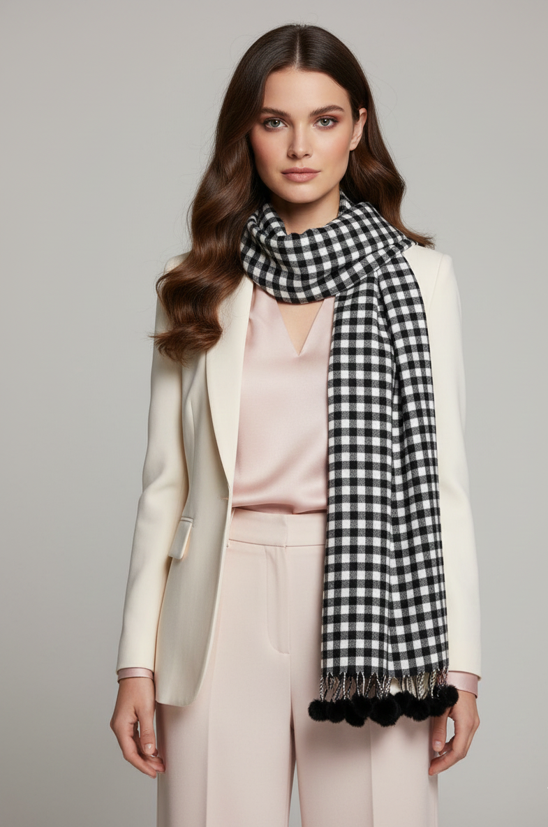 The Amritsar Store black and white check wool scarf with classic plaid pattern and soft winter weave