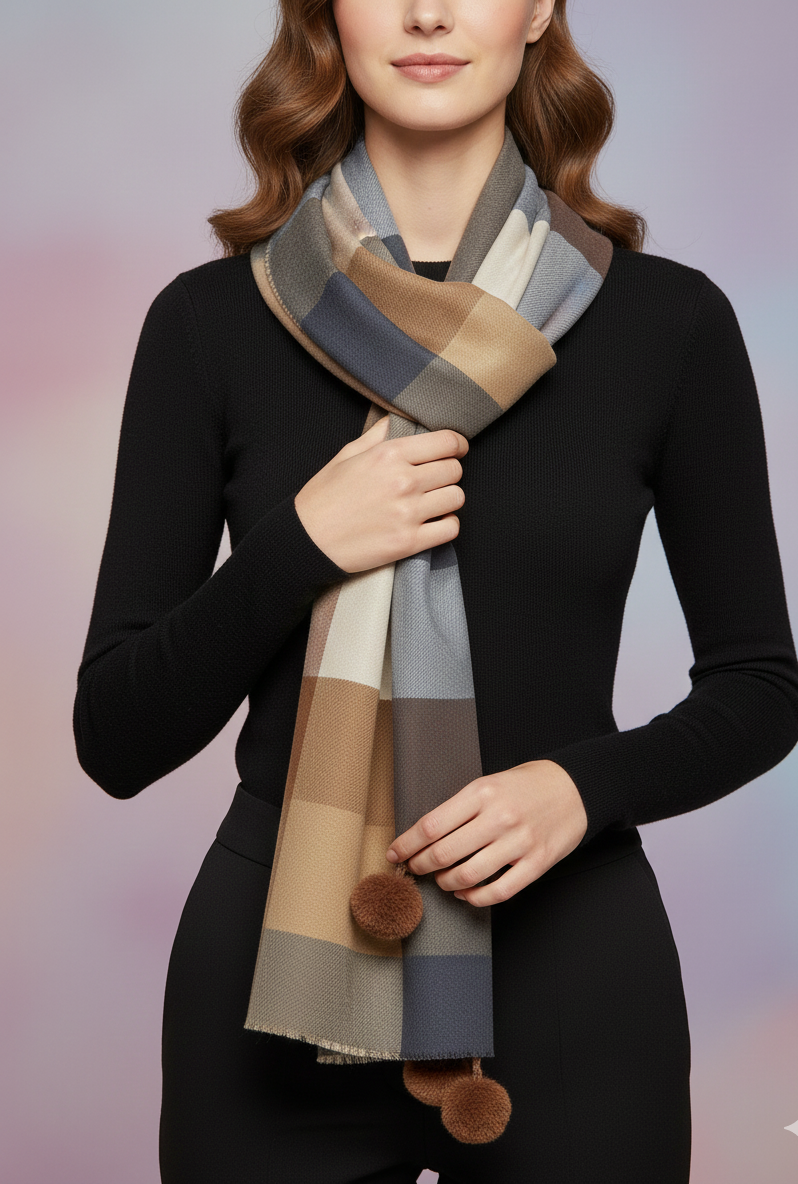 The Amritsar Store Brown, Beige & Grey Check Wool Scarf with Classic Plaid Pattern