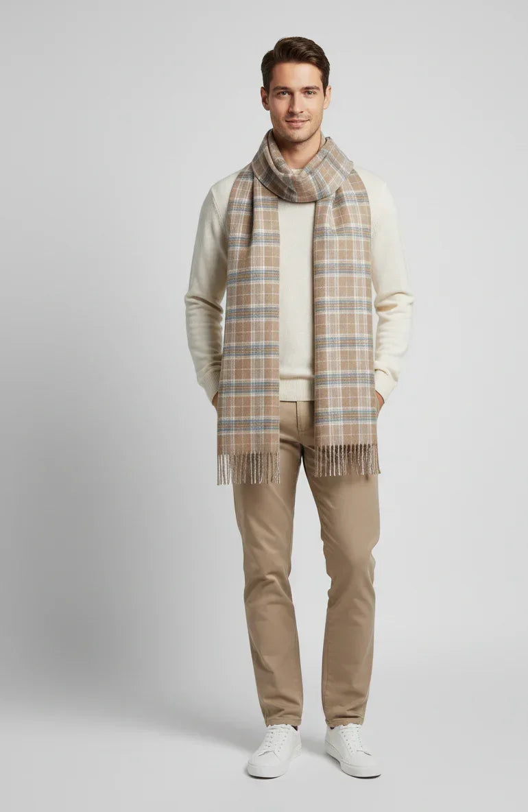 Brown Blue Checkered Wool Shawl – Soft Winter Scarf for Men & Women | The Amritsar Store - The Amritsar Store