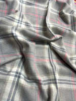 “The Amritsar Store winter plaid wool scarf in grey with soft pink accents, warm lightweight wool scarf