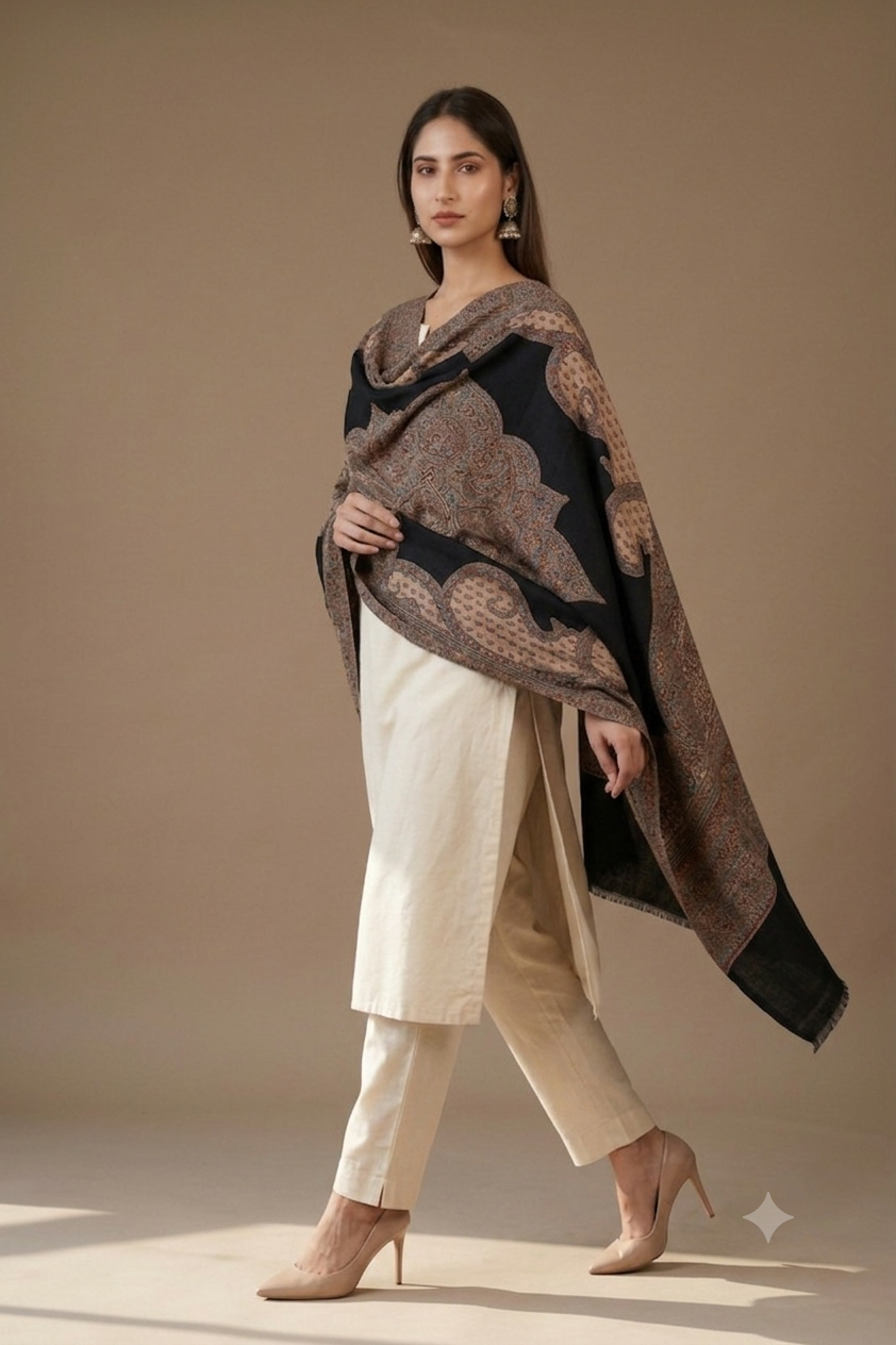 Women's elegant Kashmiri Jamawar shawl featuring classic Paisley motifs with intricate traditional woven craftsmanship by The Amritsar Store.