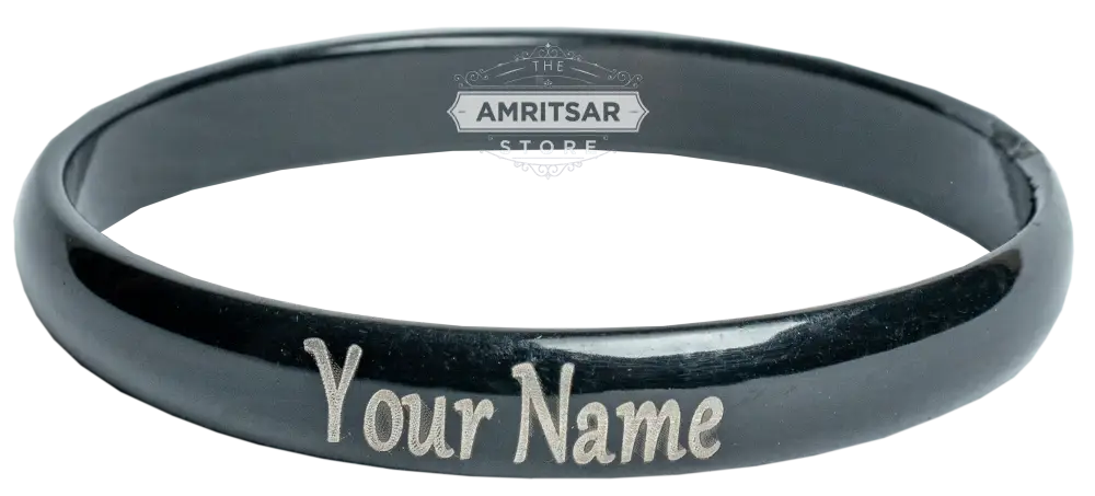 Customized men’s black painted kada with laser marked personal message by The Amritsar Store, stainless steel engraved Sikh bangle for men