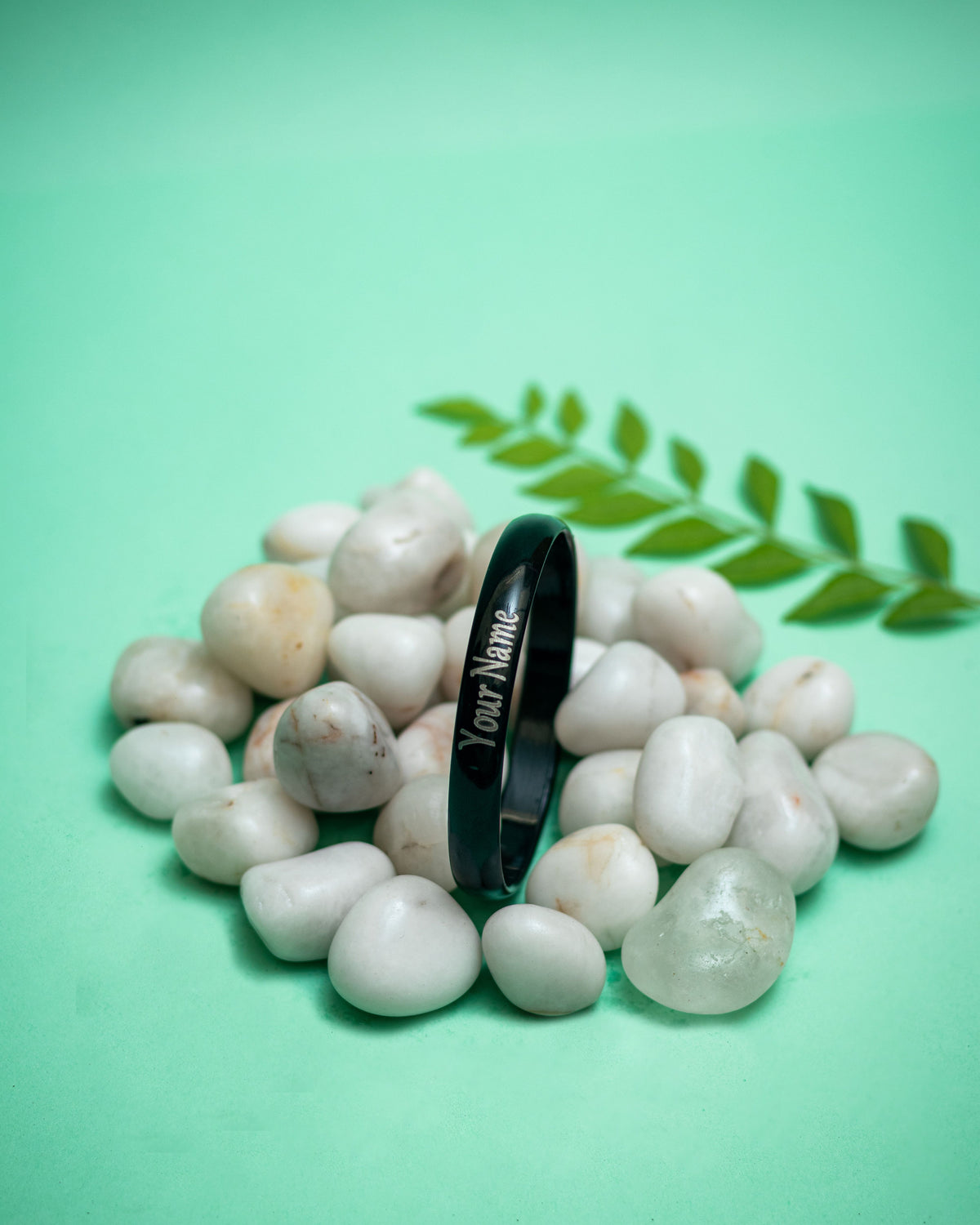 Customized men’s black painted kada with laser marked personal message by The Amritsar Store, stainless steel engraved Sikh bangle for men