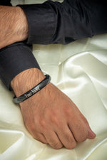 Customized men’s black painted kada with laser marked personal message by The Amritsar Store, stainless steel engraved Sikh bangle for men