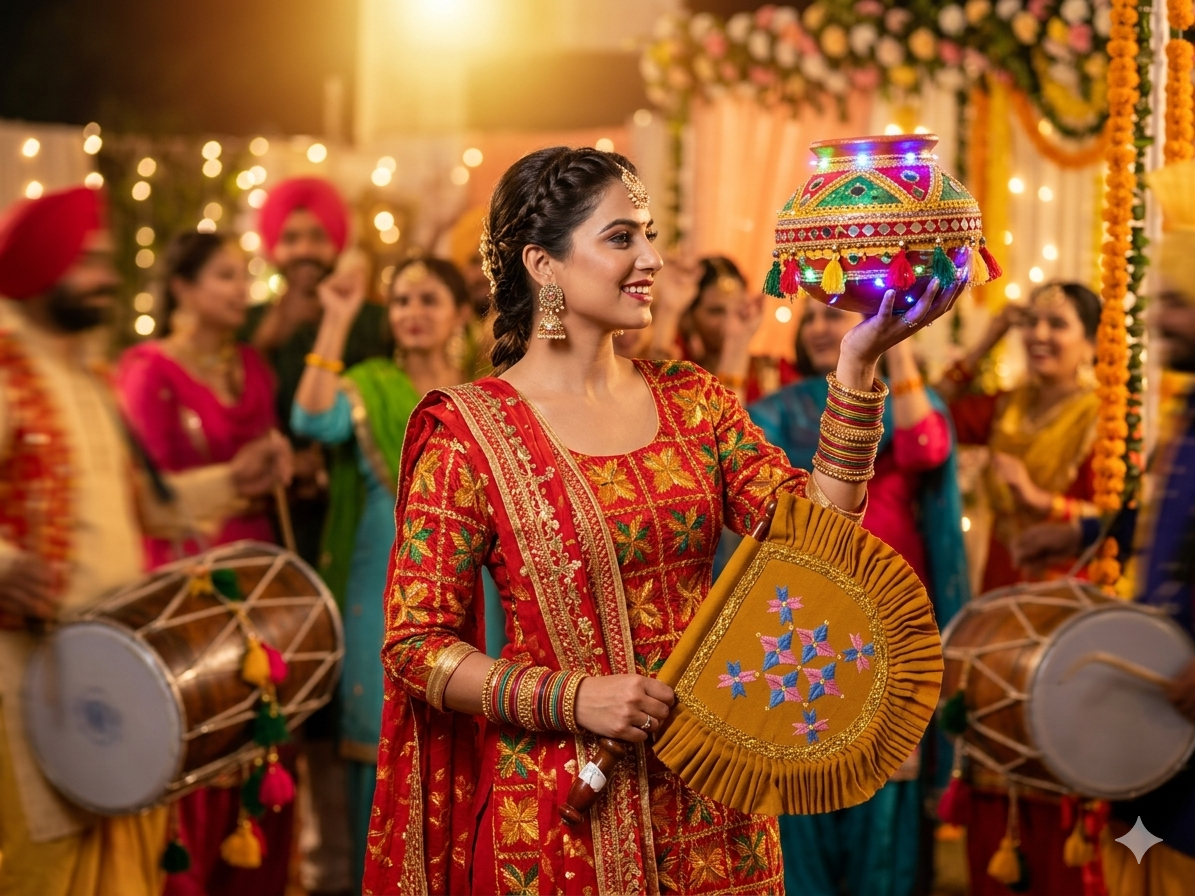 Handcrafted Phulkari hand fan pankhi with vibrant red base and multicolor floral embroidery by The Amritsar Store, showcasing traditional Punjabi artistry