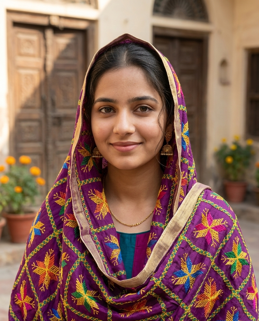 The Amritsar Store embellished dupatta in deep purple base with colorful floral design and intricate detailing, elegant ethnic wear accessory for festive and wedding occasions