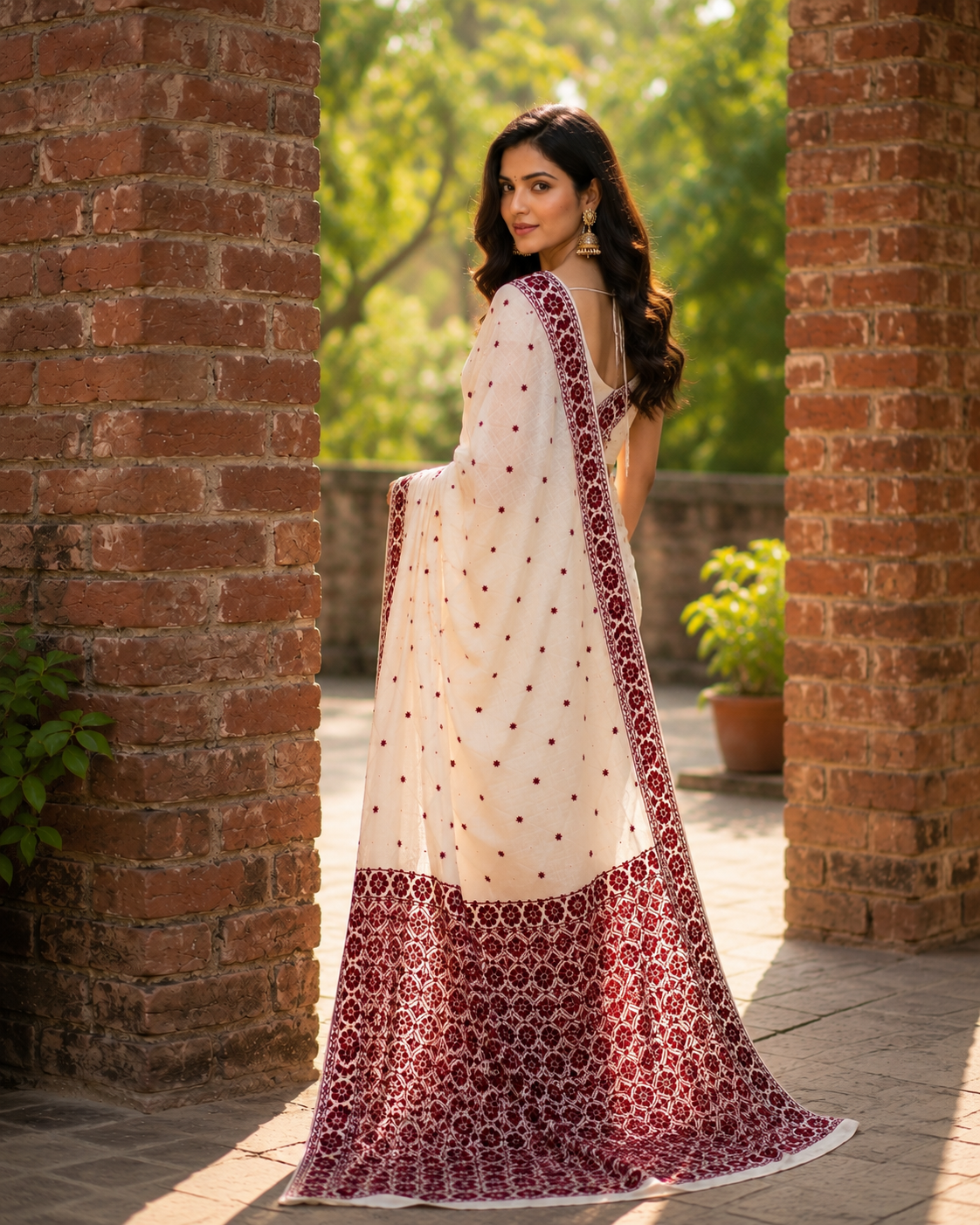 Hand embroidered off white Phulkari saree with maroon traditional Punjabi embroidery and elegant border design for women