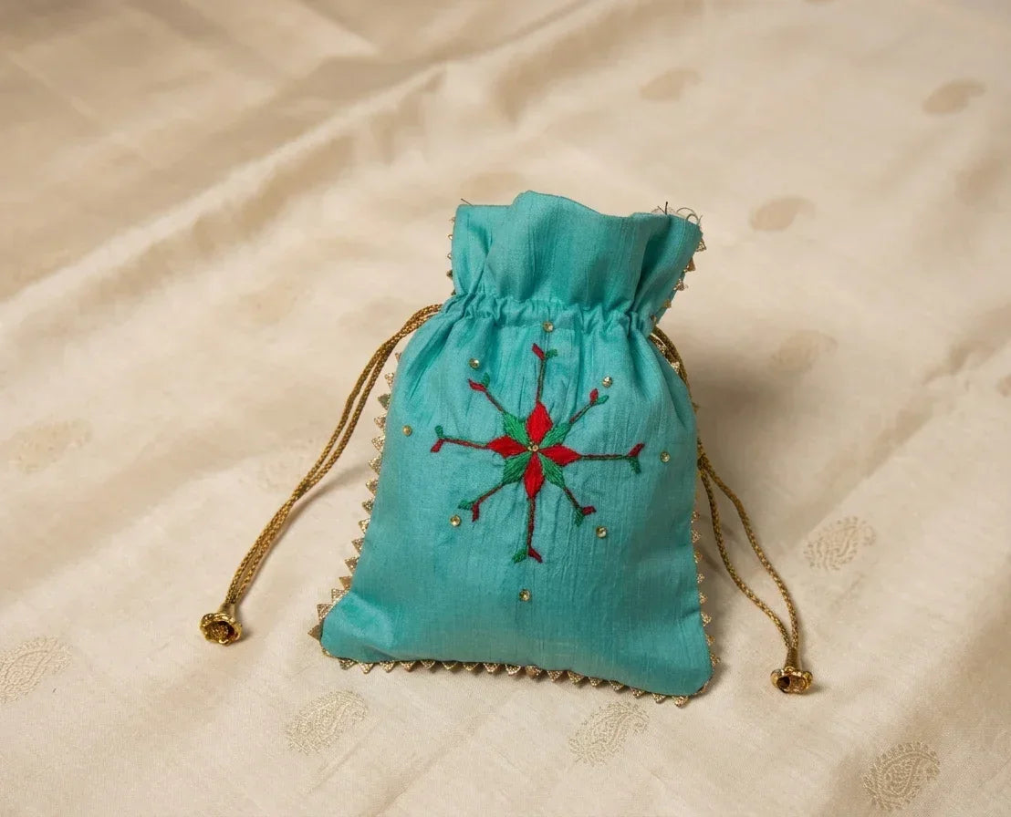 The Amritsar Store Phulkari Embroidered Potli Bag with Golden Lace - The Amritsar Store