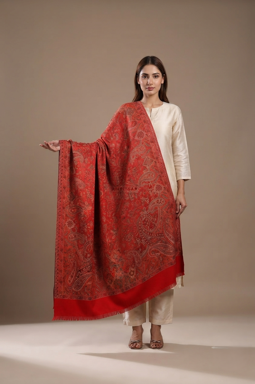 Women's Kani Jamawar shawl featuring an intricate full Jaal design with elegant woven craftsmanship by The Amritsar Store.