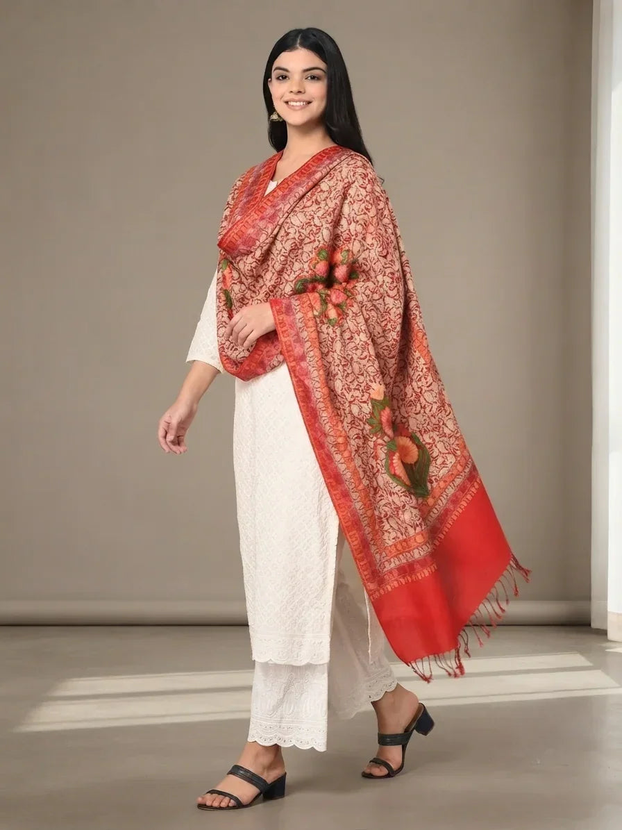 Women's Red Kashmiri Stole – Multicolor Aari Embroidered Floral Jaal | The Amritsar Store - The Amritsar Store