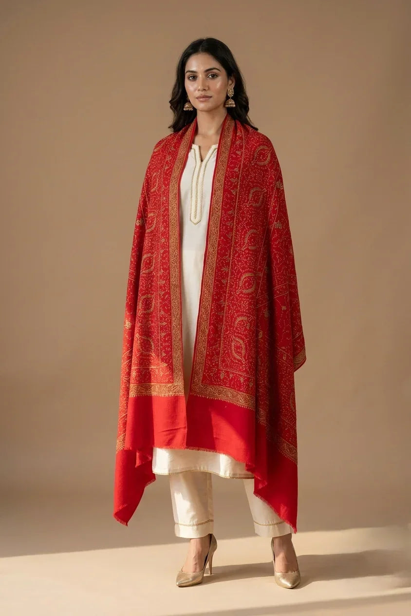 Shawl for Women – Red Pashmina with Hand Embroidery | The Amritsar Store - The Amritsar Store