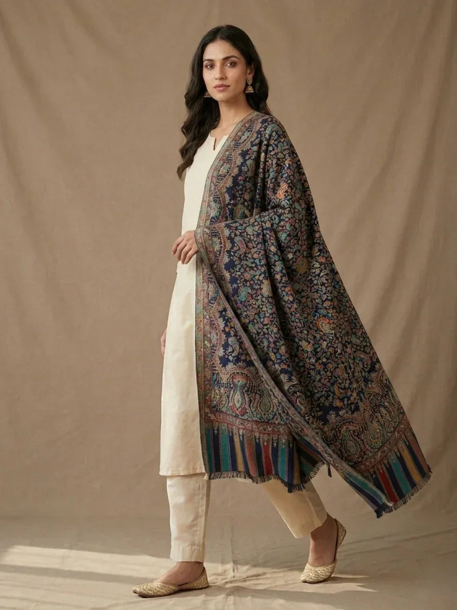 Women's Stole – Heritage Navy Blue Jaal Weave with Intricate Paisley & Multitone Borders | The Amritsar Store - The Amritsar Store