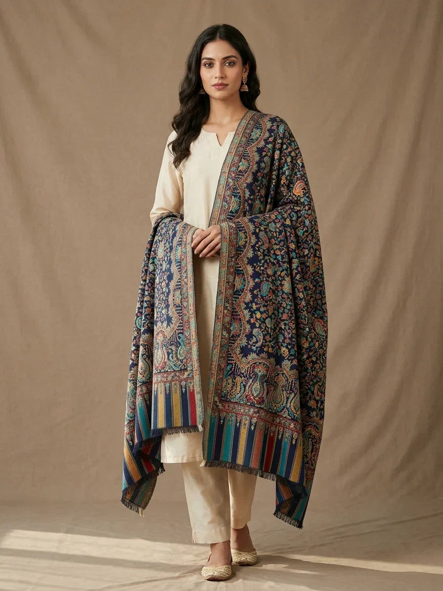 Women's Stole – Heritage Navy Blue Jaal Weave with Intricate Paisley & Multitone Borders | The Amritsar Store - The Amritsar Store