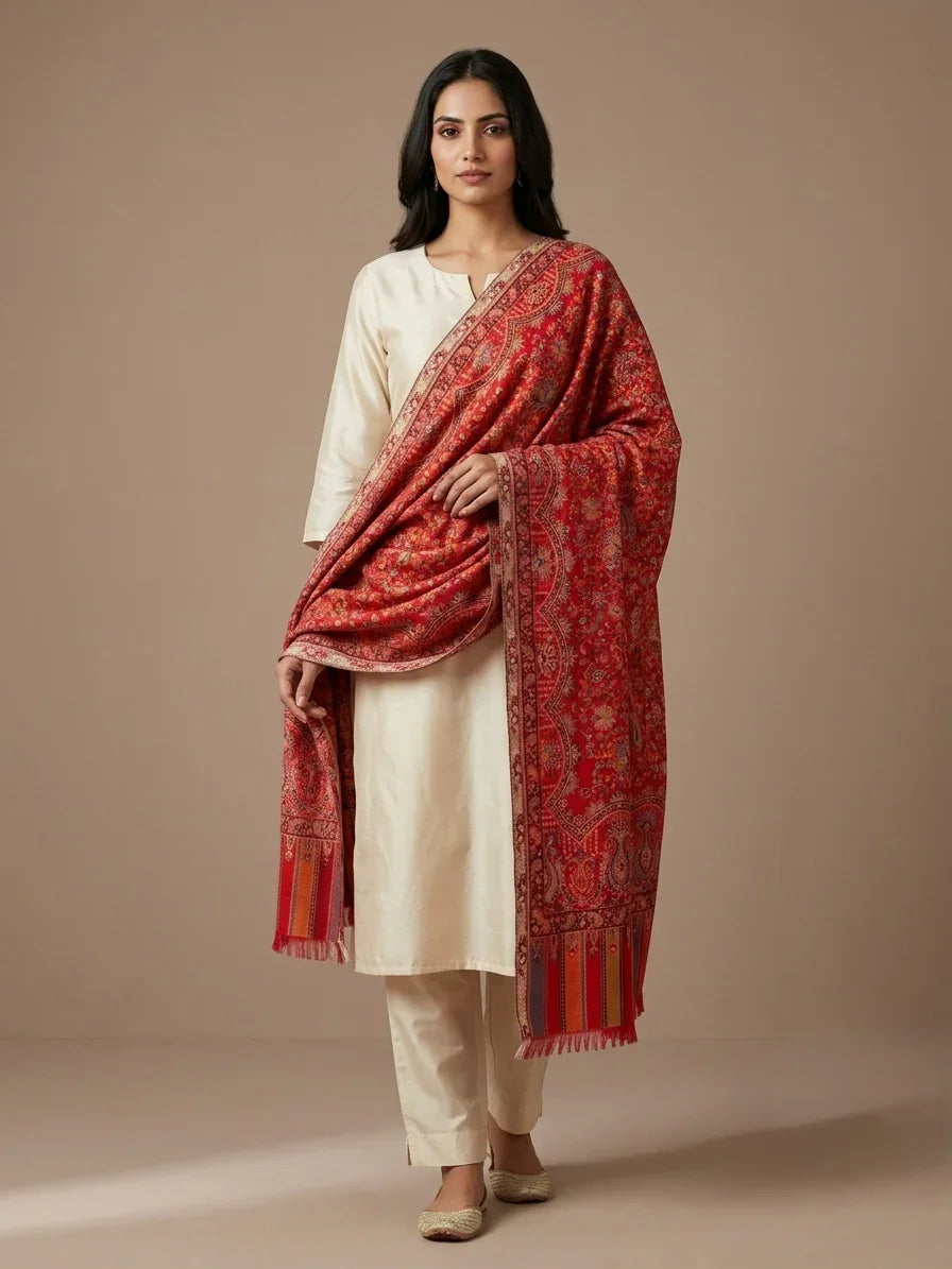 Women's Stole – Heritage Red Jaal Weave with Intricate Paisley & Multitone Borders | The Amritsar Store - The Amritsar Store