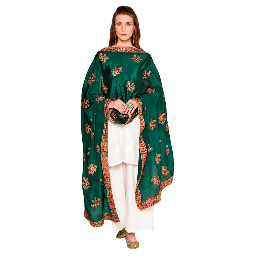 Handmade Intricate Aari Embroidery Buti Work With Four Side Border Dupatta in Green & Navy Shade By The Amritsar Store - The Amritsar Store
