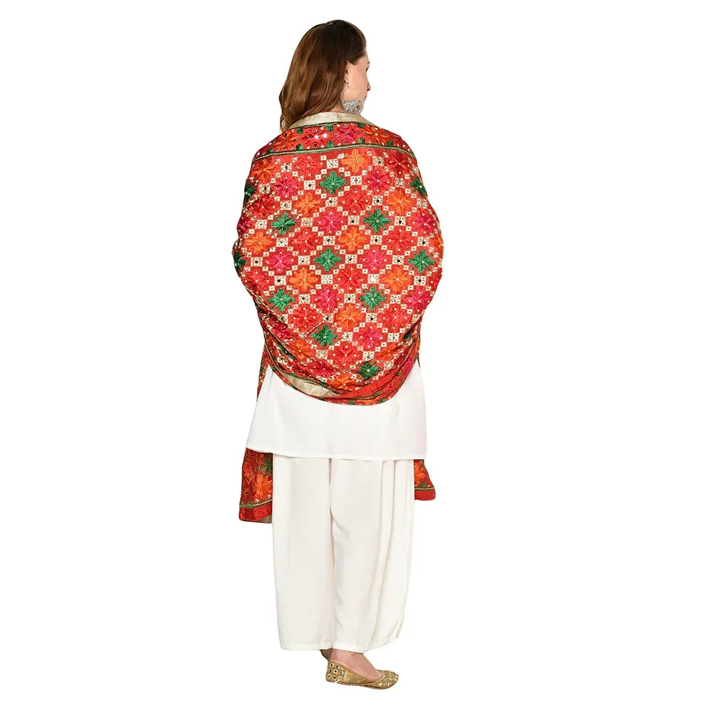 Alluring Handmade Mirror Work Full Jaal Phulkari Dupatta By The Amritsar Store - The Amritsar Store