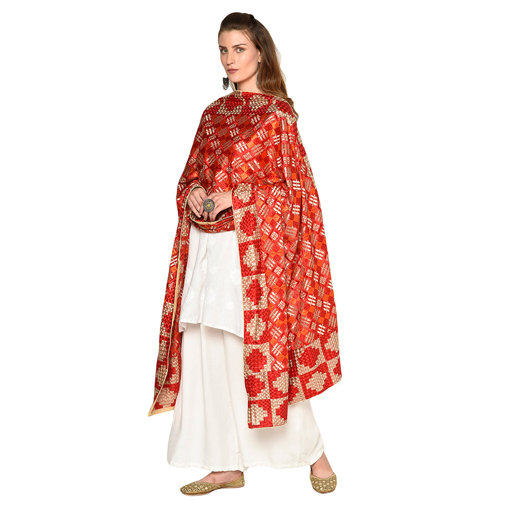 Elegant Multicolor Red & White Embroidery Phulkari Duaptta by The Amritsar Store - The Amritsar Store
