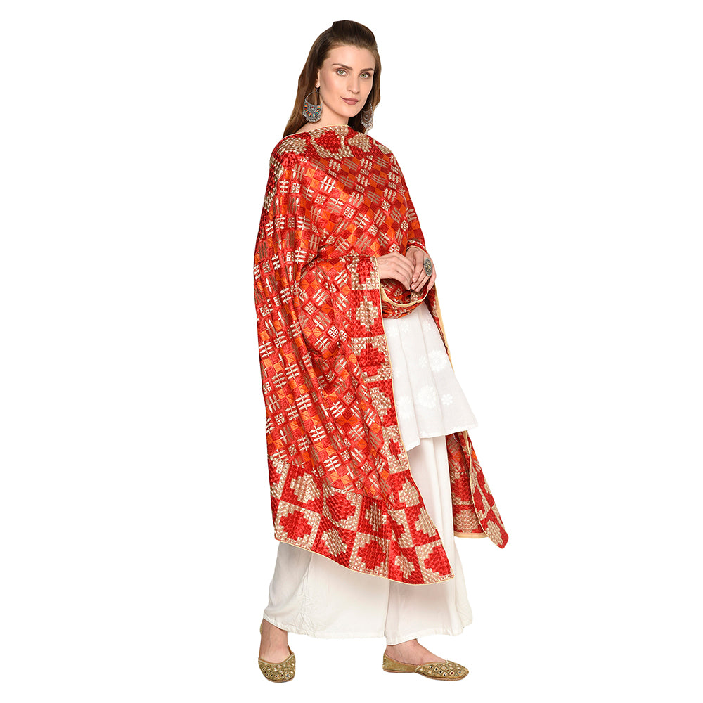 Elegant Multicolor Red & White Embroidery Phulkari Duaptta by The Amritsar Store - The Amritsar Store