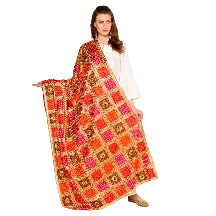 Handmade Checkered Multicolor Embroidery Phulkari Dupatta with Gotta Work by The Amritsar Store - The Amritsar Store