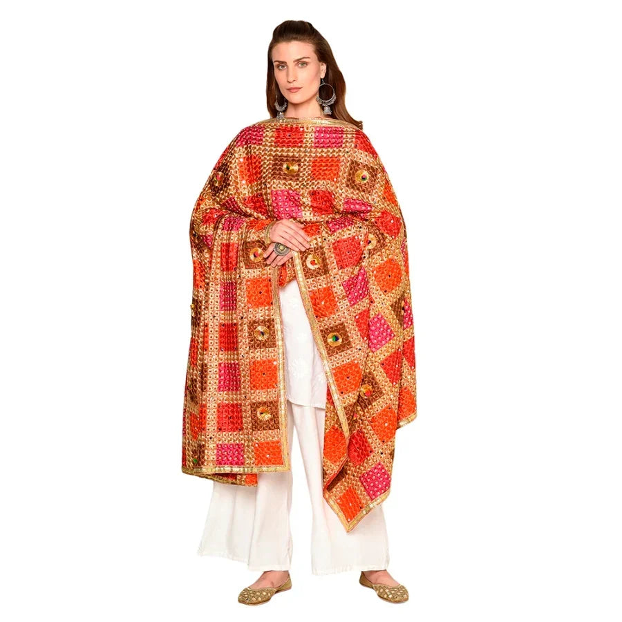 Handmade Checkered Multicolor Embroidery Phulkari Dupatta with Gotta Work by The Amritsar Store - The Amritsar Store