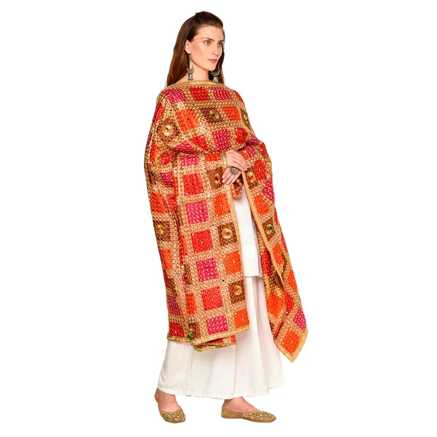 Handmade Checkered Multicolor Embroidery Phulkari Dupatta with Gotta Work by The Amritsar Store - The Amritsar Store