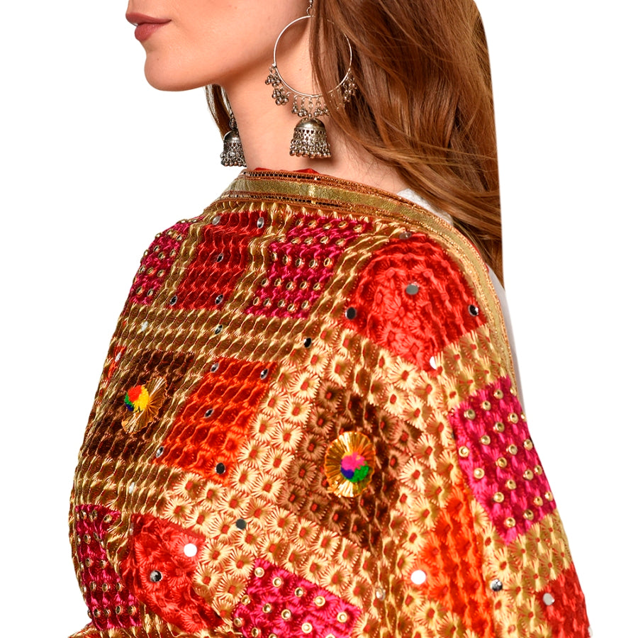 Handmade Checkered Multicolor Embroidery Phulkari Dupatta with Gotta Work by The Amritsar Store - The Amritsar Store