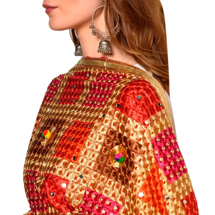Handmade Checkered Multicolor Embroidery Phulkari Dupatta with Gotta Work by The Amritsar Store - The Amritsar Store