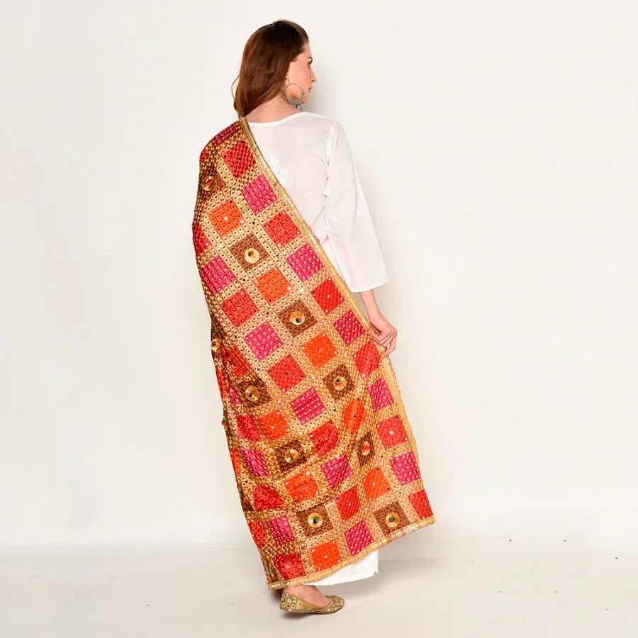 Handmade Checkered Multicolor Embroidery Phulkari Dupatta with Gotta Work by The Amritsar Store - The Amritsar Store