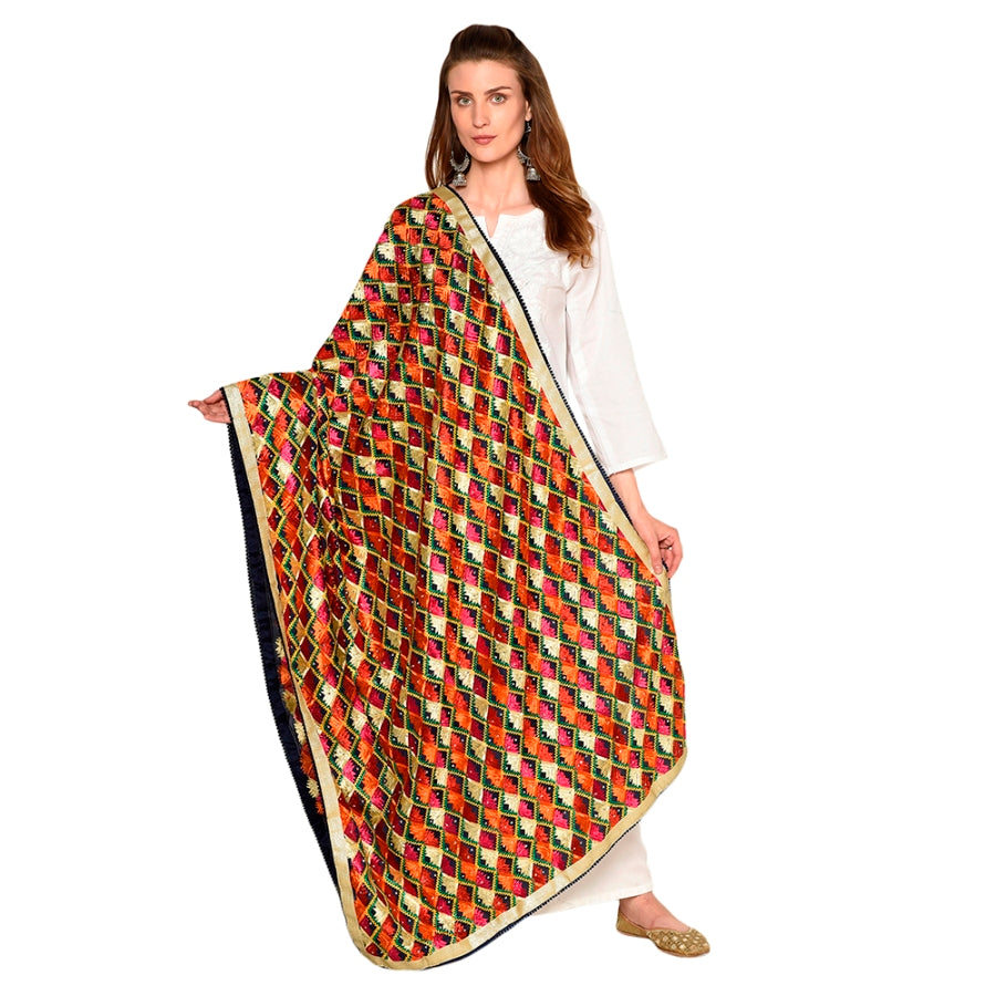 Multicolored Thread Embroidery Phulkari Full Jaal Dupatta By The Amritsar Store - The Amritsar Store
