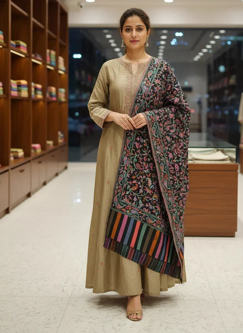 The Amritsar Store Womens Black Fine Wool Floral Kashmiri Shawl - The Amritsar Store